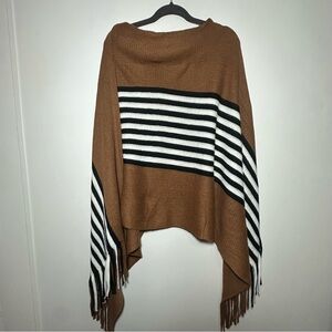 Ana & Rose One Size Plus Brown with Black and White Stripe Poncho Sweater Fringe